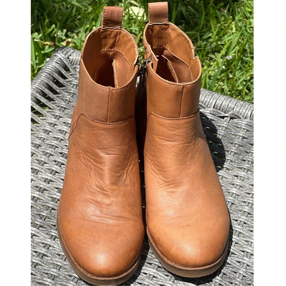 Lucky Brand Prenma Cognac Leather Ankle Boot Booties Womens 7.5 Side Zip Western